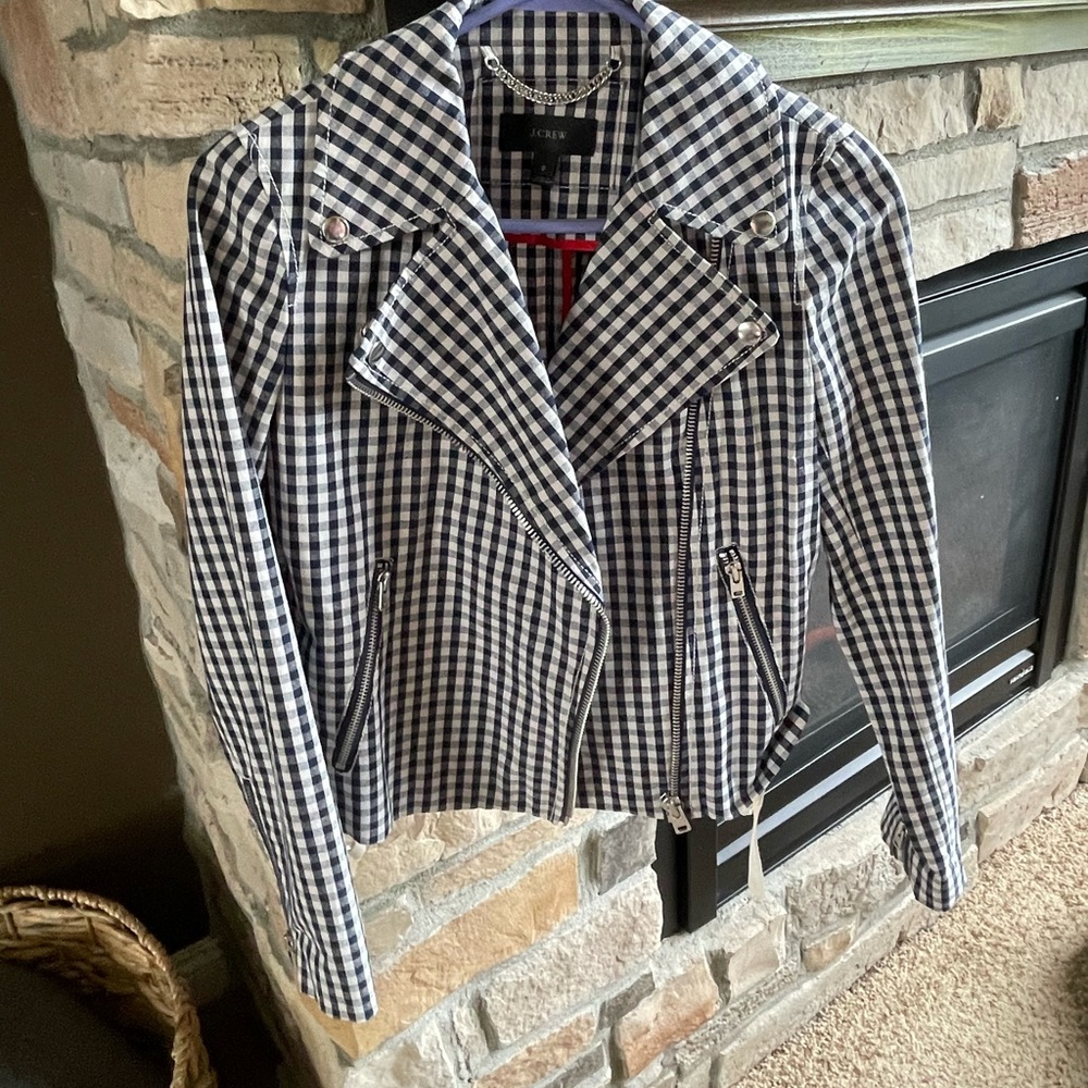 NWOT JCREW Gingham Navy and White Moto Blazer